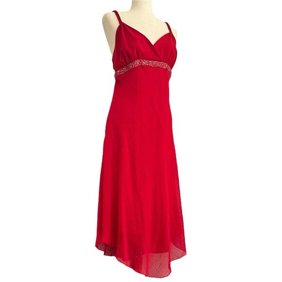 BISOU BISOU Dresses & Skirts - Bisou Bisou Red Babydoll Beaded Tango Dress 14 Beaded Chiffon Romantic Y2K Fairy